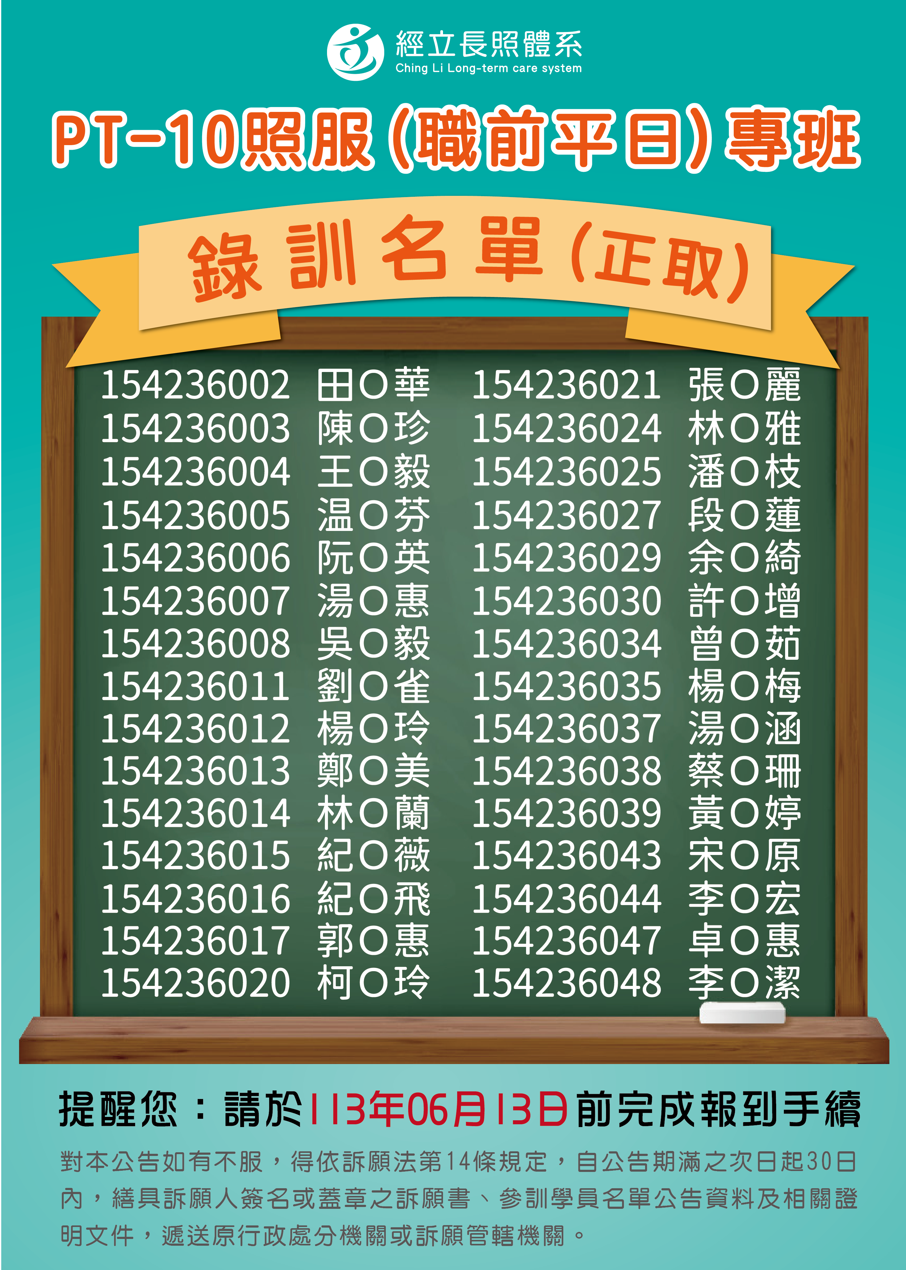 經立長照體系》113年度照服(職前平日)專班-錄訓名單